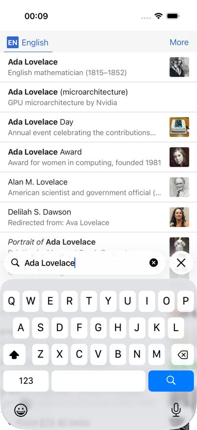 Wikipedia search results for Ada Lovelace, with the agent's tap on the first result marked.